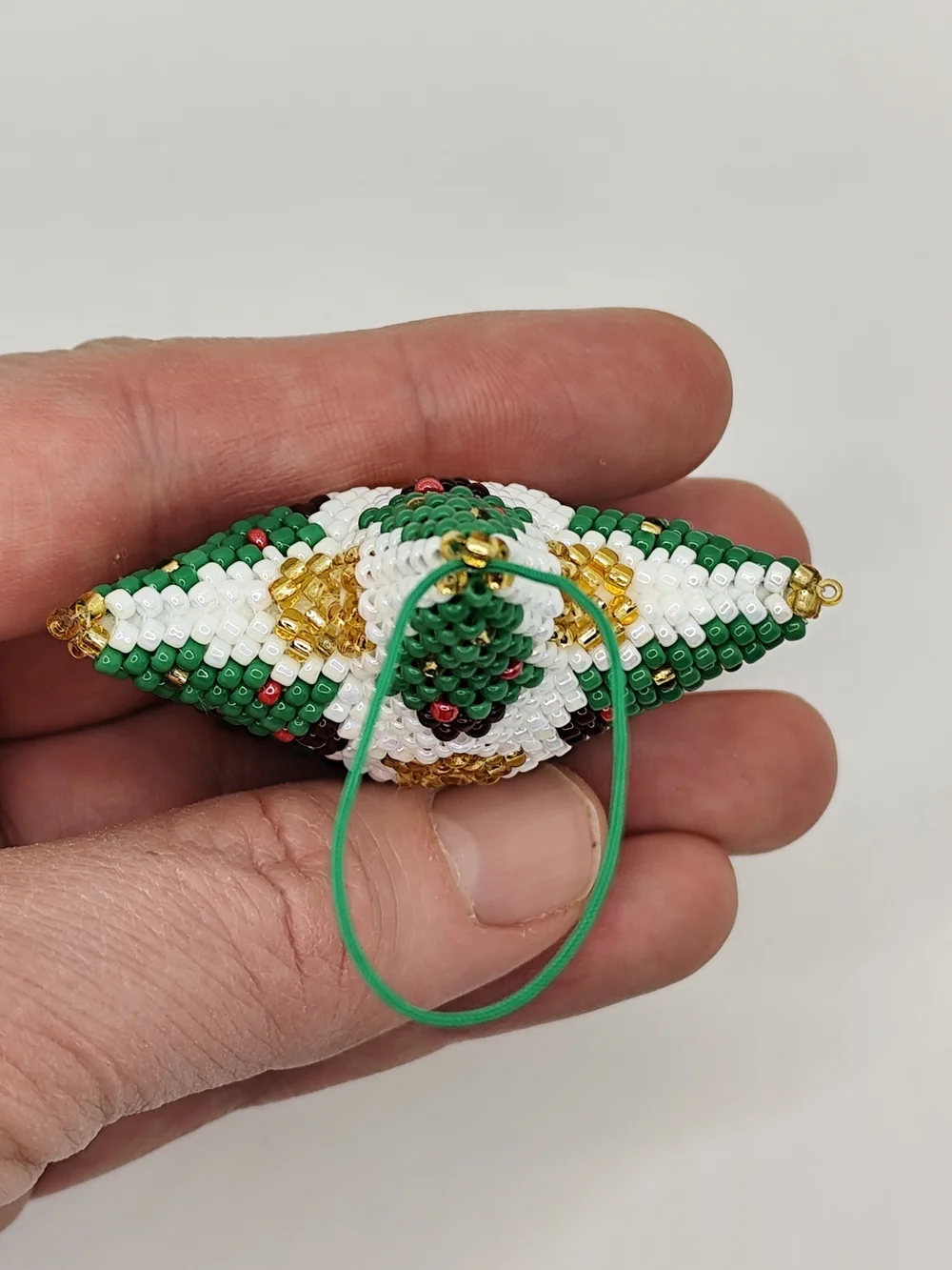 Handmade Beaded Green and White Star Holiday Ornament